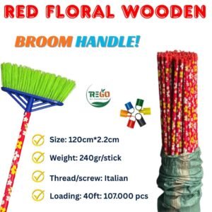 Red Floral Wooden Broom Handle