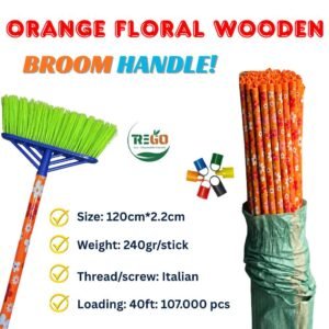 Orange Floral Wooden Broom Handle