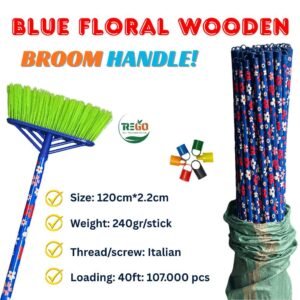 Blue Floral Wooden Broom Handle